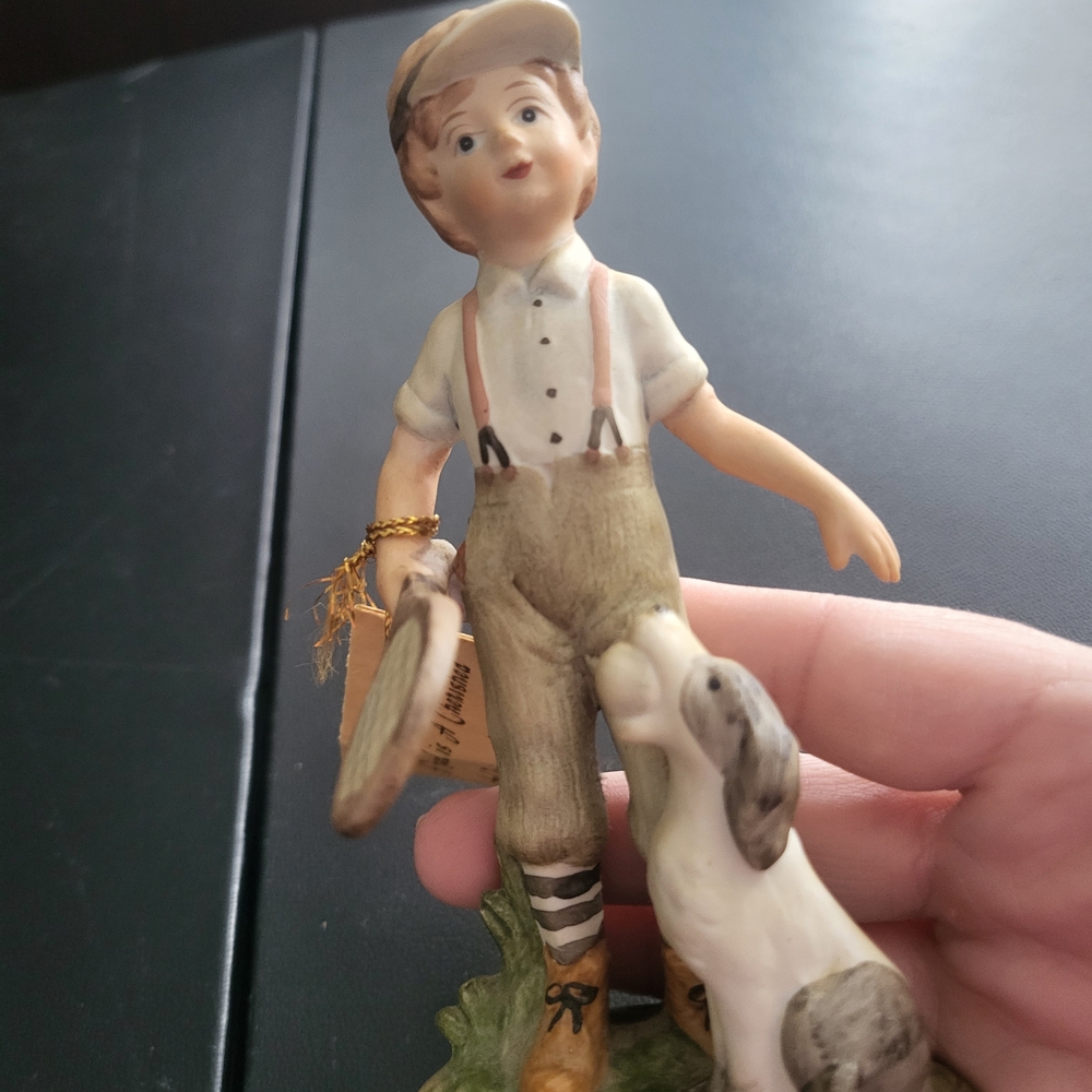 Lefton Figurine Boy in Tan, Cream, Green and Brown with Dog